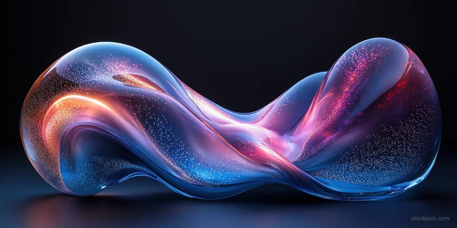 An abstract glowing glass ribbon sculpture with intertwined blue-purple curves and sparkling reflections on a dark background.