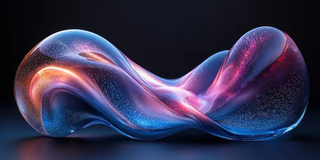 Abstract glass sculpture glowing with soft blue-purple light curves and reflections