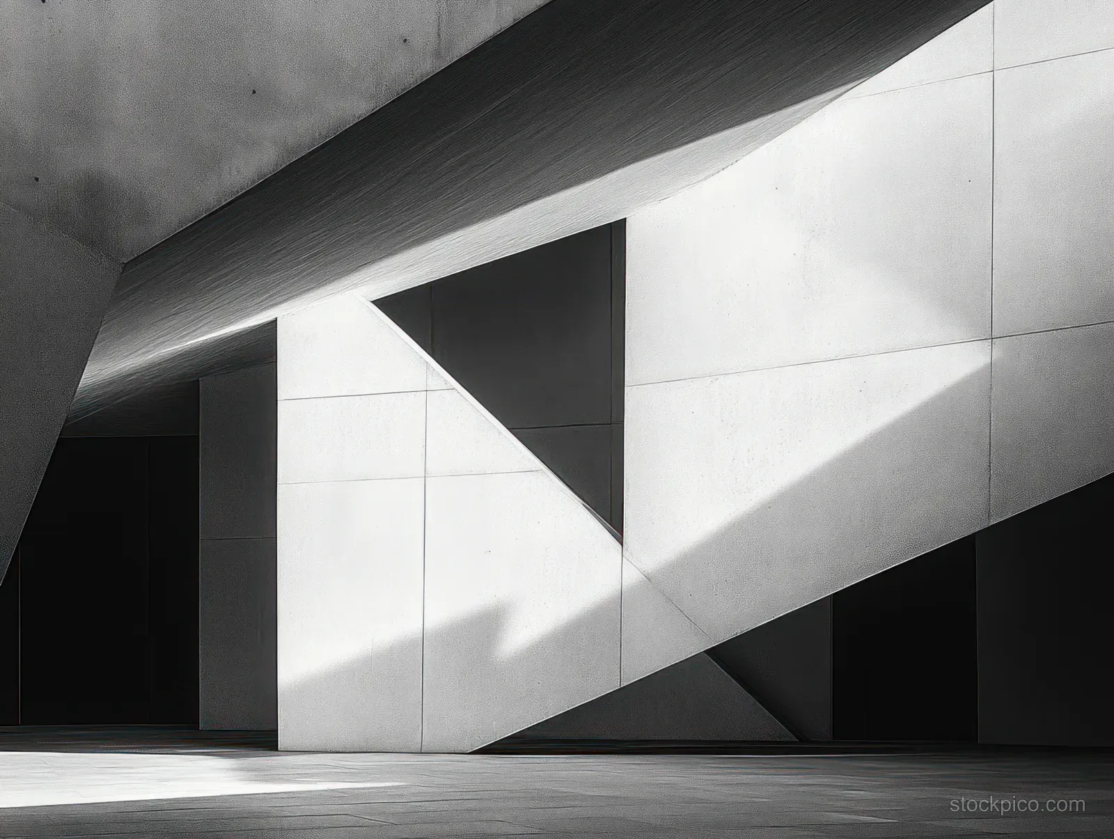 Empty minimalist corridor with concrete walls, triangular openings, and strong light and shadow contrast.