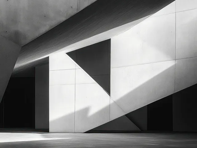 Empty minimalist corridor with concrete walls, triangular openings, and strong light and shadow contrast.