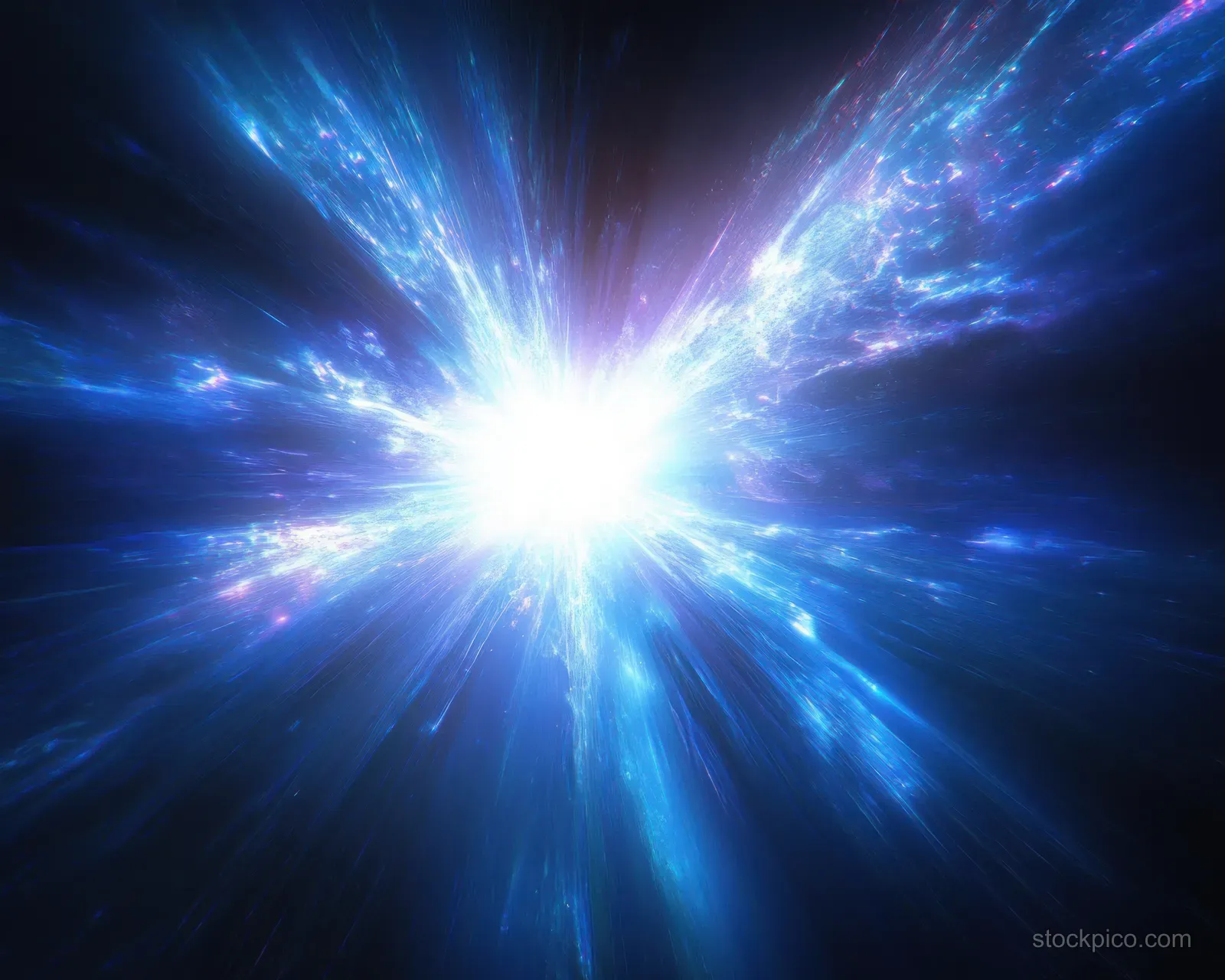 A bright white center blasts blue light rays outward across a dark background.