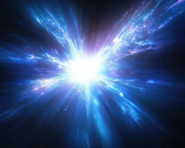 Blue light burst radiating outward from a glowing center in a dark space background