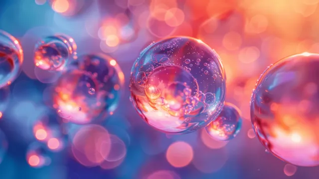 Shiny soap bubbles floating over colorful gradient background with glowing bokeh lights