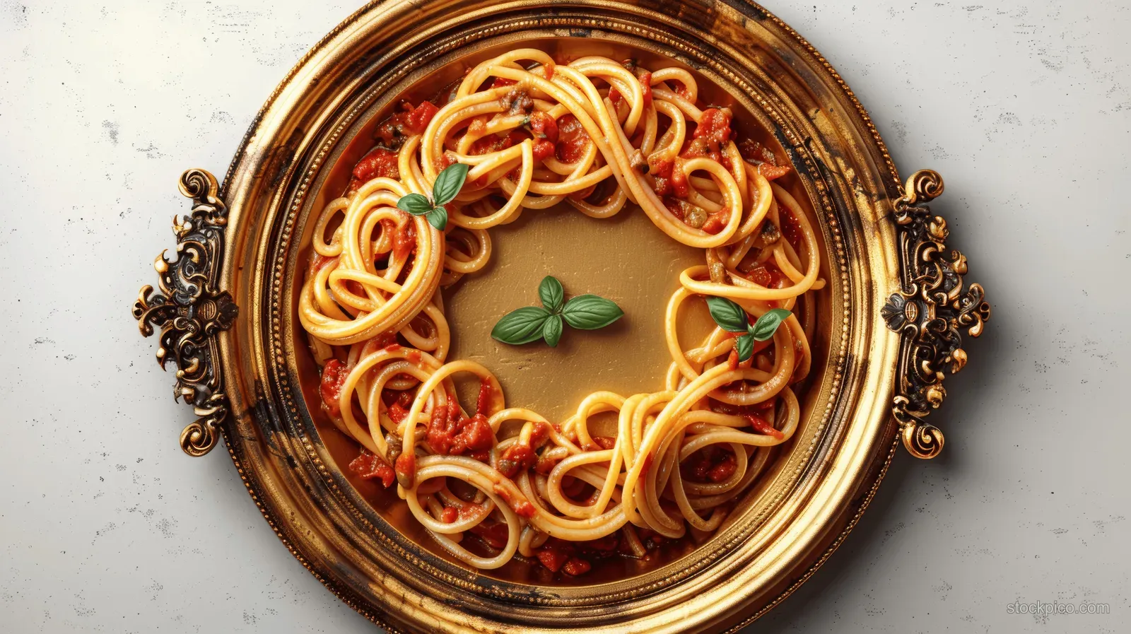 Spaghetti with tomato sauce and basil leaves arranged in rings on an ornate platter from above.