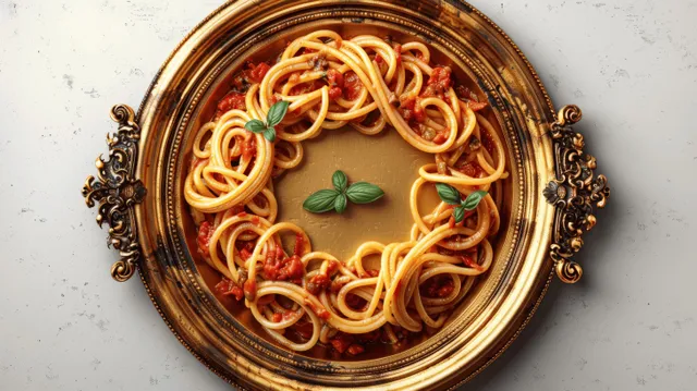 Spaghetti with tomato sauce and basil arranged in circular rings on ornate platter