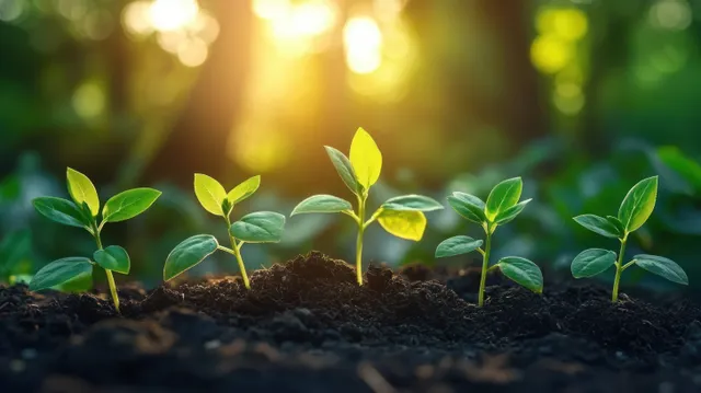 Seedlings sprouting in soil with warm sunlight showing early plant growth stages