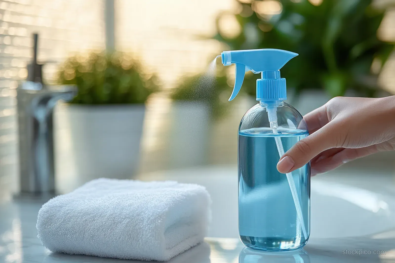 A person sprays alcohol disinfectant from a trigger bottle beside a folded towel in a bathroom setting.