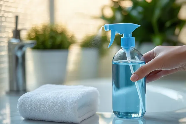 A person sprays alcohol disinfectant from a trigger bottle beside a folded towel in a bathroom setting.