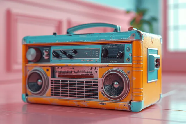 Orange retro boombox with speakers and cassette deck on an indoor floor in a colorful room.