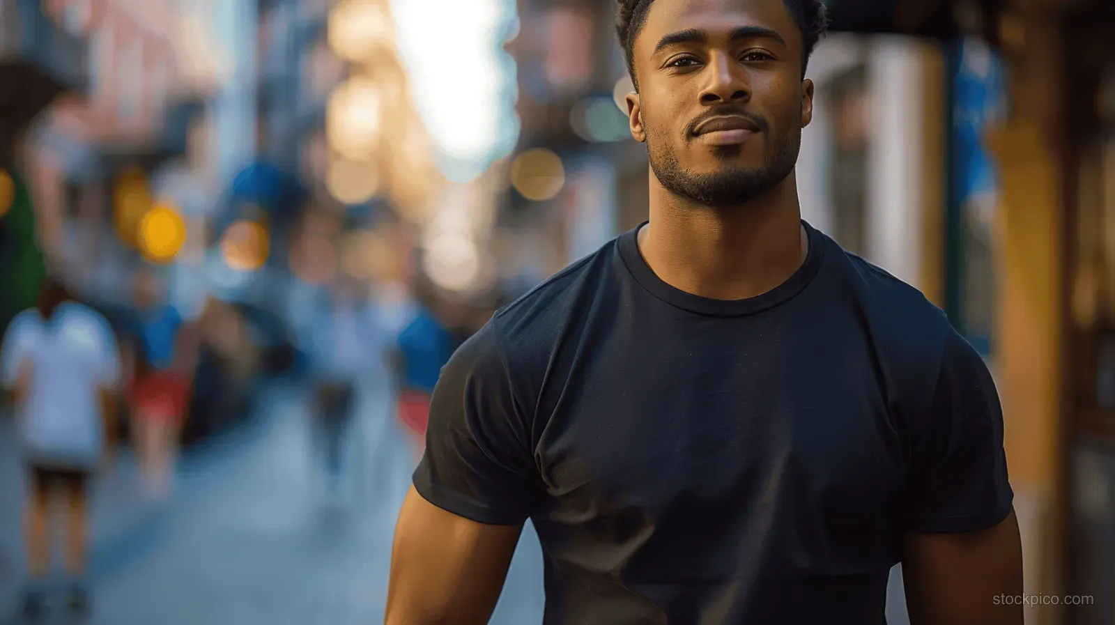 African American man posing in a blank black t-shirt on a blurred city street with colorful lights.