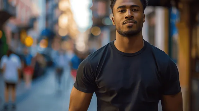 African American man posing in blank black t-shirt on blurred city street