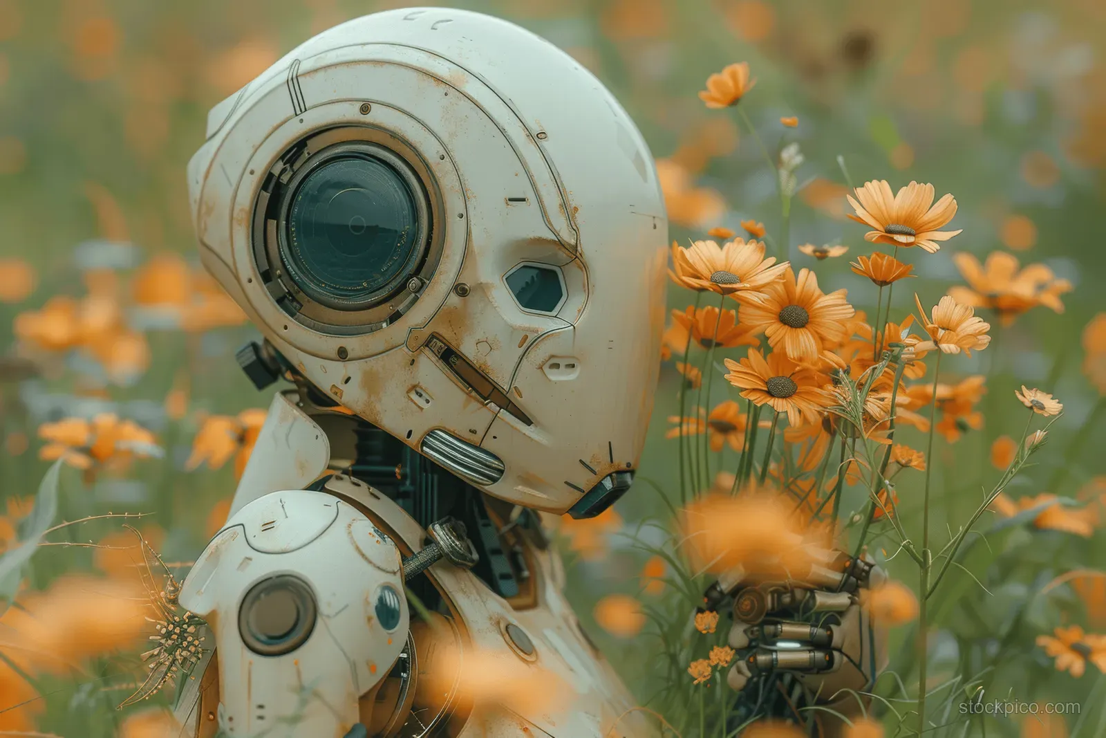 A smiling robot child stands in an orange flower field with sunrise bokeh behind it.