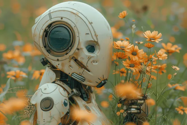 Friendly robot child standing in a flower field, smiling warmly at sunrise