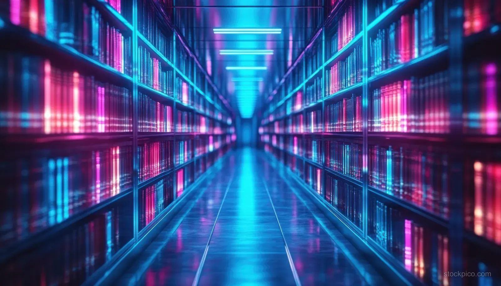 Neon-lit server corridor with glowing racks and light trails running to a vanishing point.