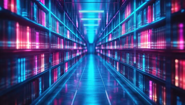 Neon-lit server corridor with glowing racks and light trails running to a vanishing point.