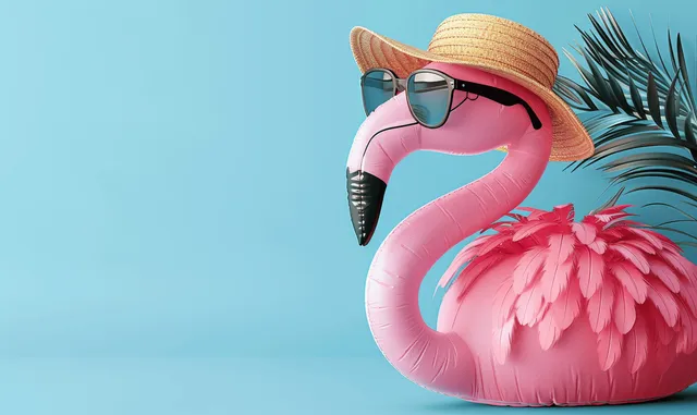 Inflatable pink flamingo with sunglasses and straw hat on turquoise tropical background