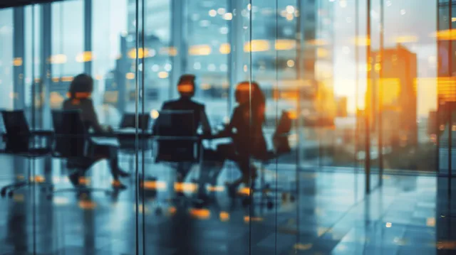 Professionals sit around a boardroom table behind glass walls with a sunset skyline outside.