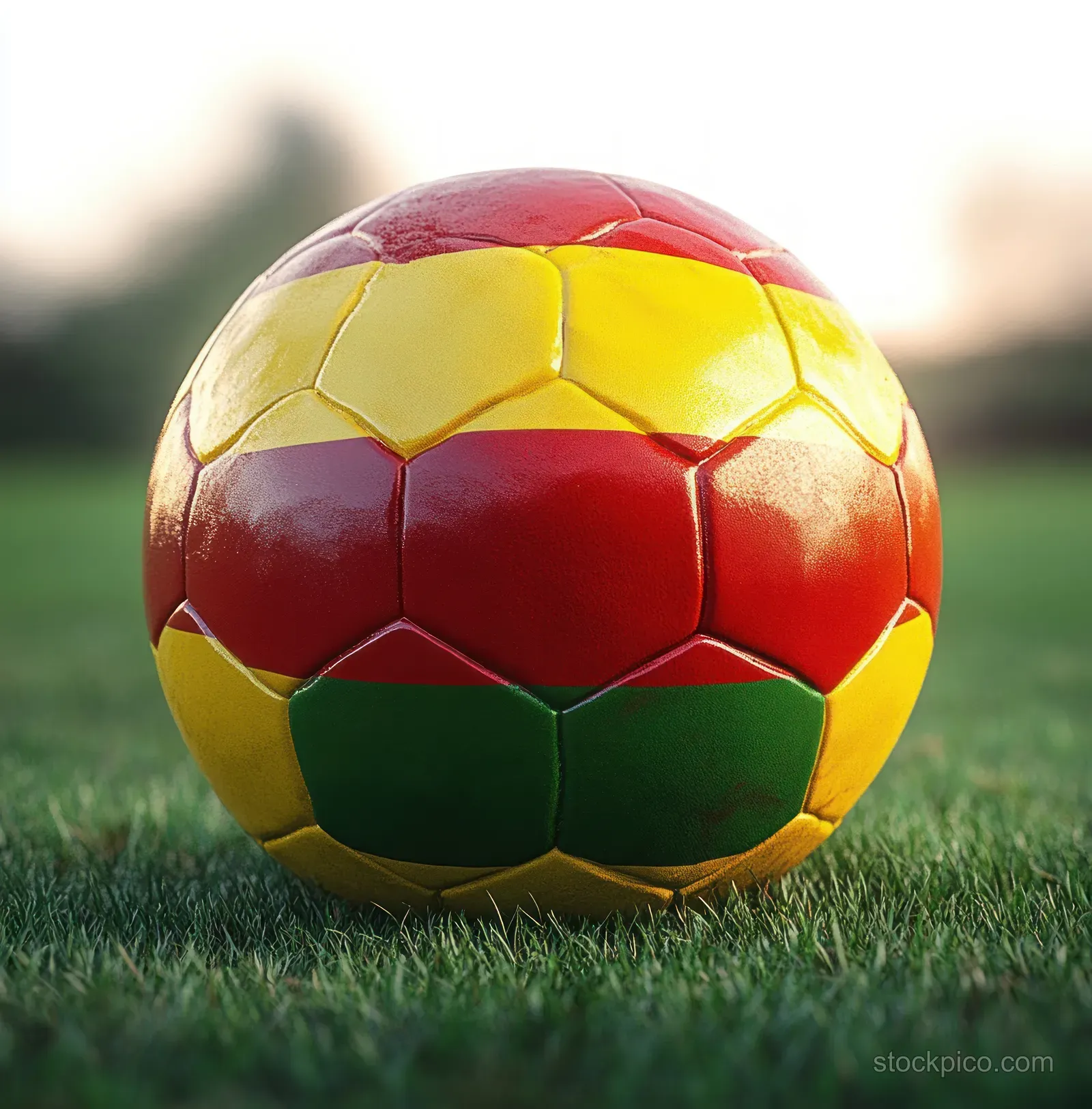 A soccer ball with Bolivia flag colors sits on green grass in soft natural light.