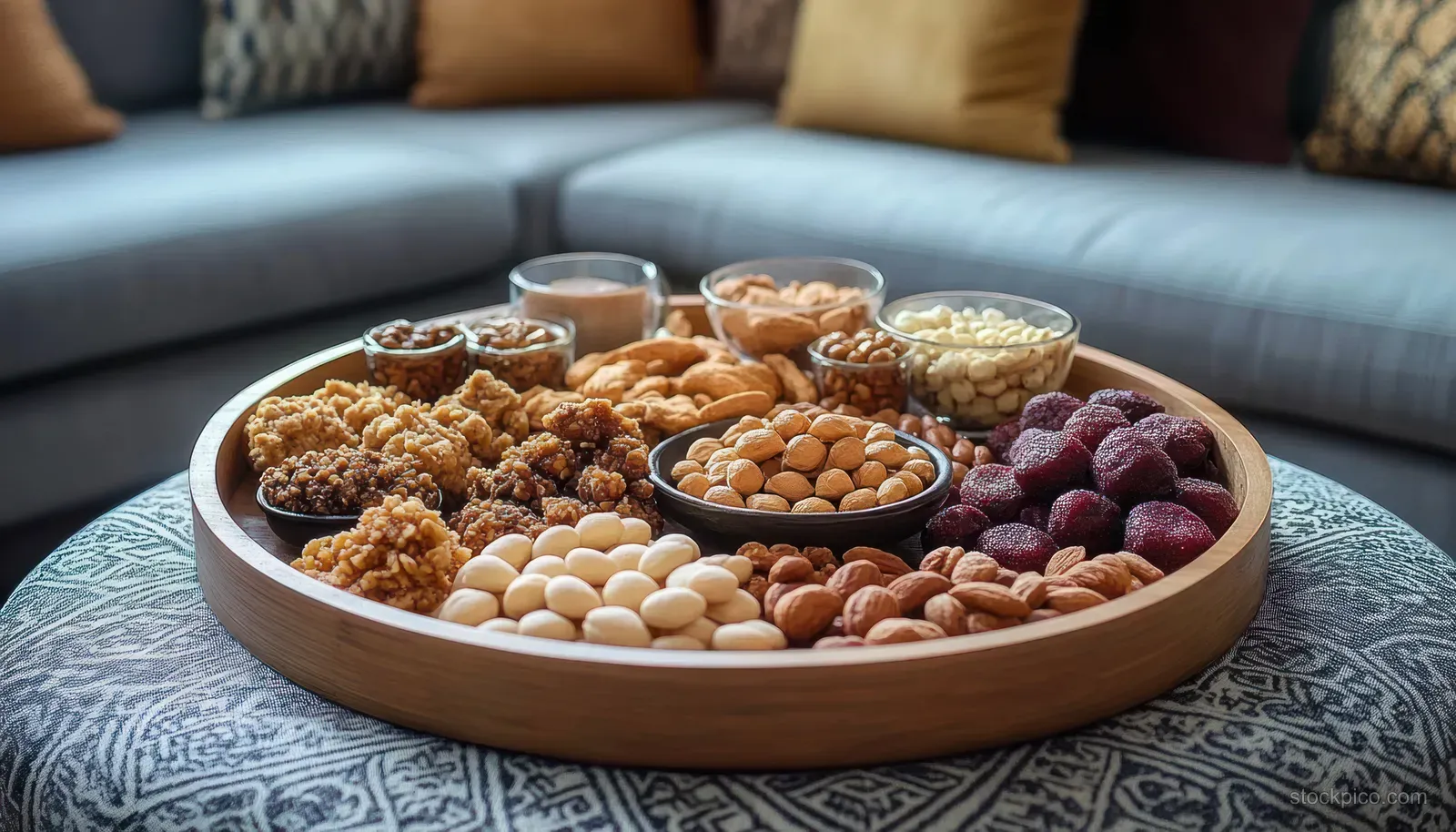 A round wooden tray of mixed nuts and dried berries sits on patterned fabric in a living room with sofa cushions.