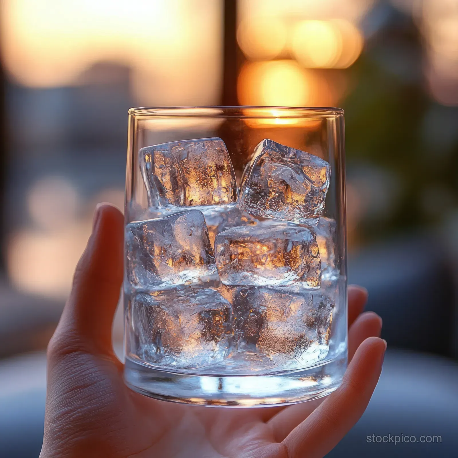 A hand holds a clear glass filled with ice cubes against a warm sunset bokeh background.