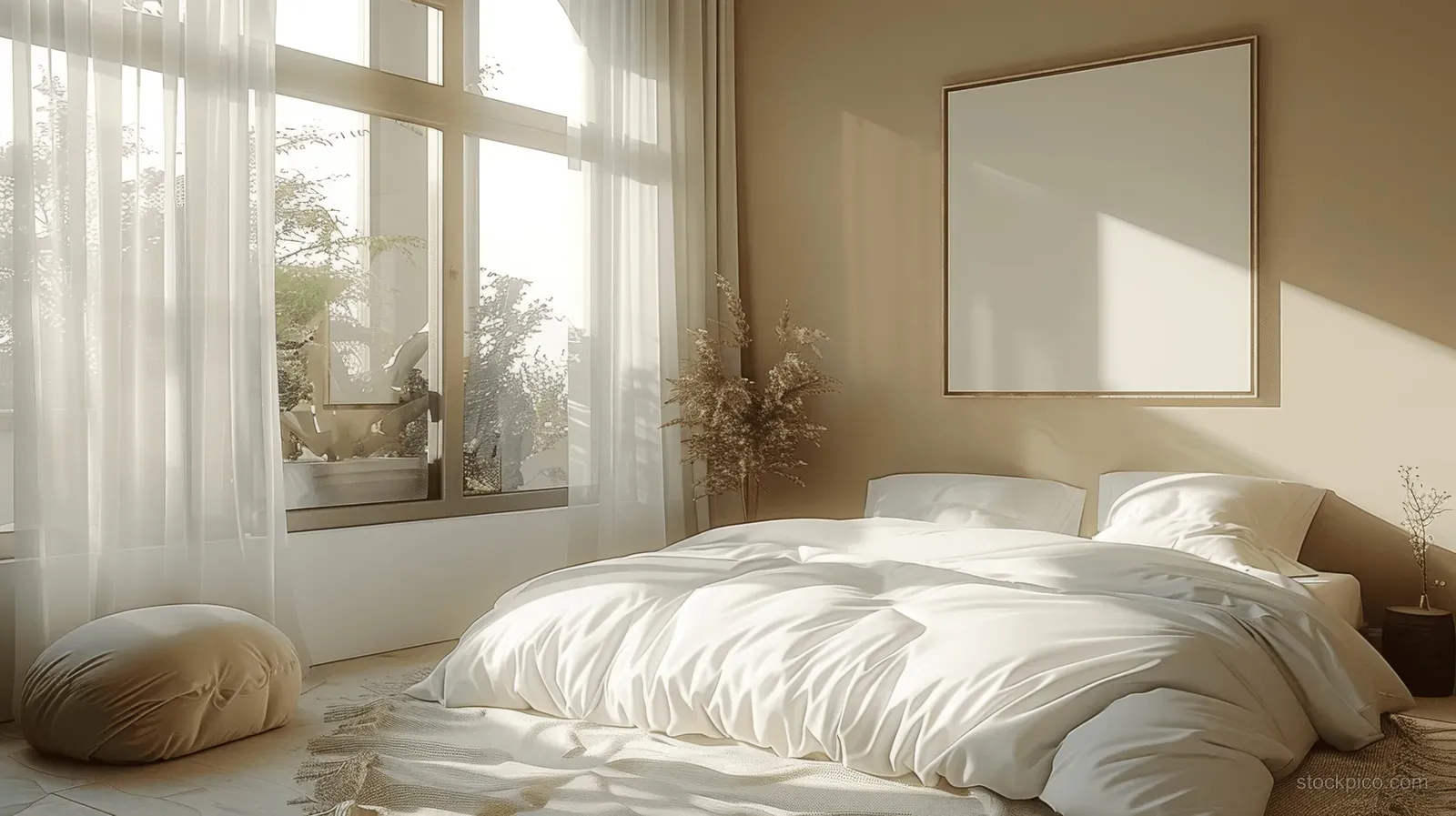 White linen bed with pillows sits under sheer curtains letting soft sunlight fill a minimalist bedroom interior.