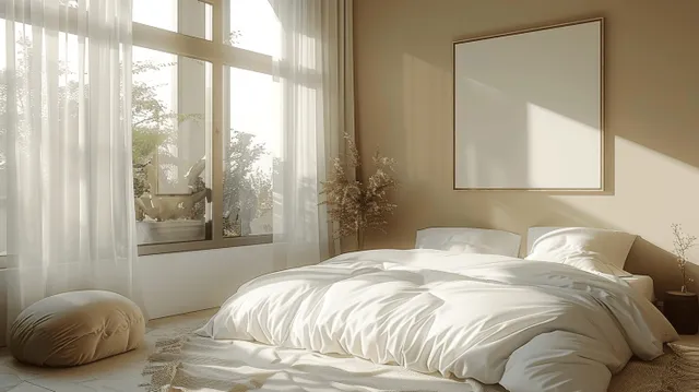 White linen bed with pillows sits under sheer curtains letting soft sunlight fill a minimalist bedroom interior.