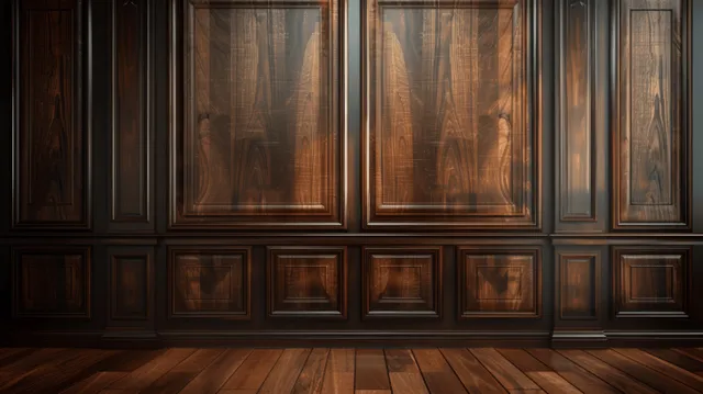 Warm brown wood paneling wall background with framed decorative molding panels and detailed wood grain.
