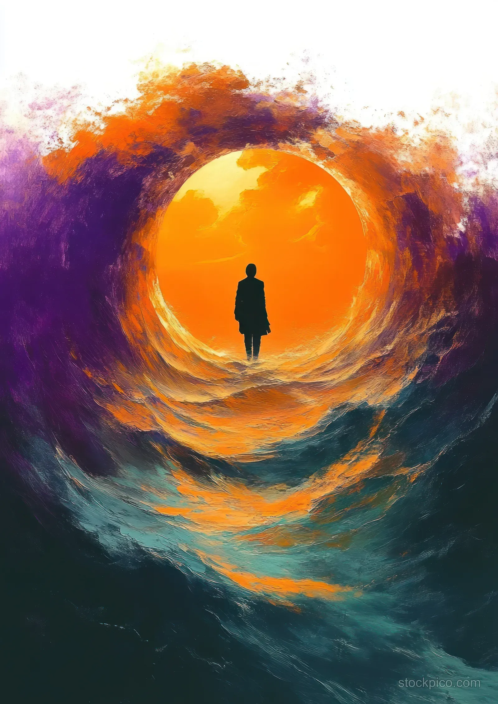 A silhouetted person stands inside a glowing circular portal surrounded by swirling colorful clouds.