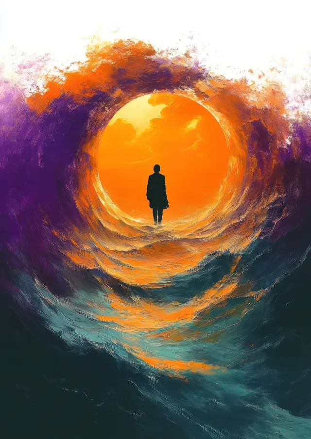 A silhouetted person stands inside a glowing circular portal surrounded by swirling colorful clouds.