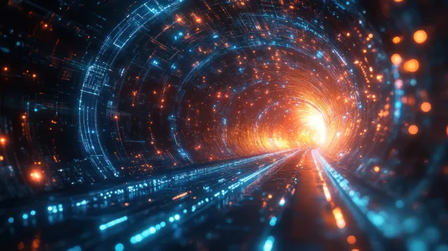 Glowing blue data streams flow through a futuristic tunnel toward a bright orange light portal.