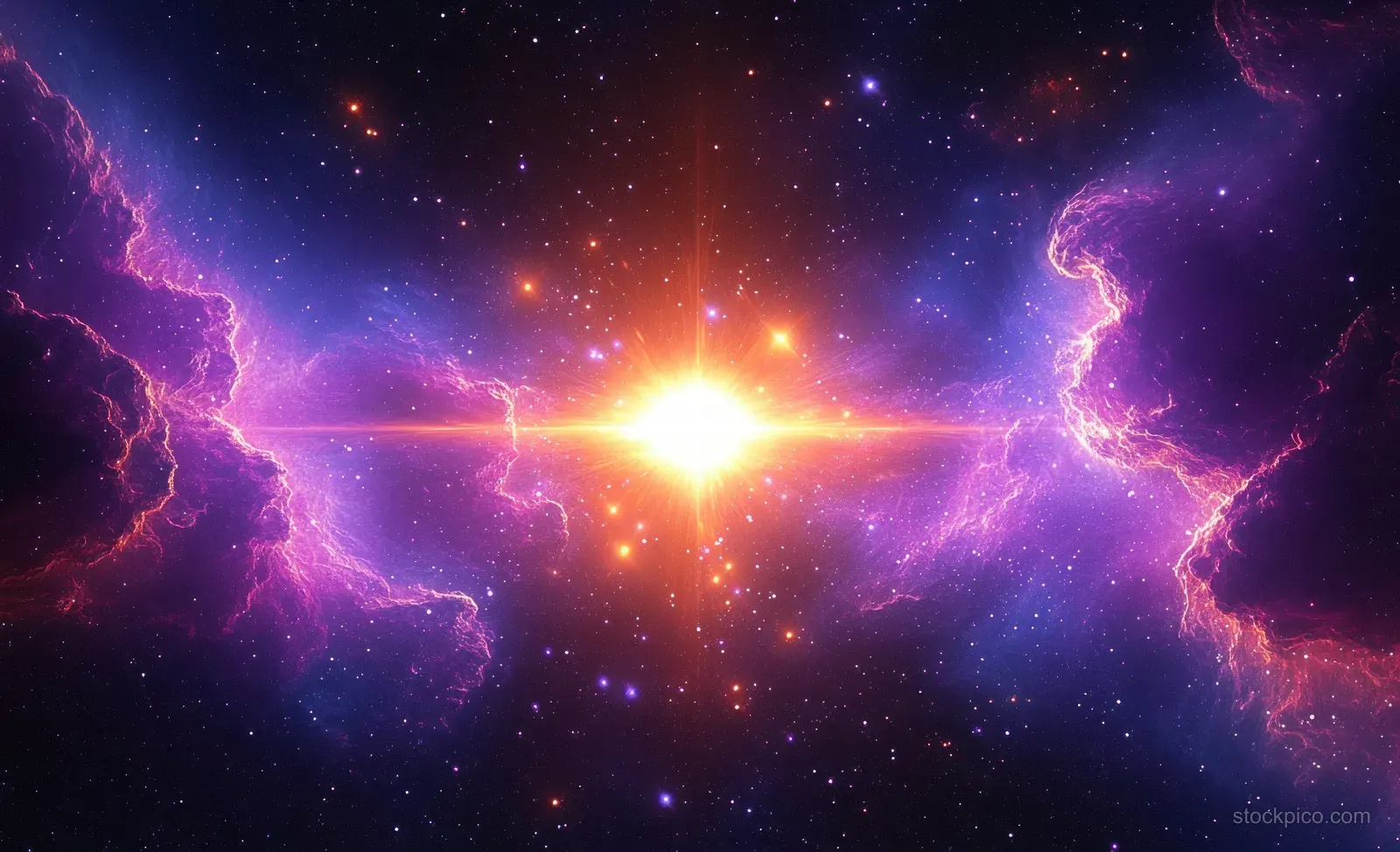 A bright supernova explodes in the center of a purple and pink nebula with glowing electric arcs.