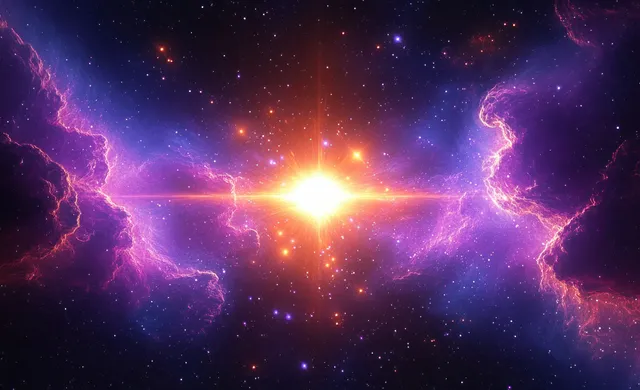A bright supernova explodes in the center of a purple and pink nebula with glowing electric arcs.