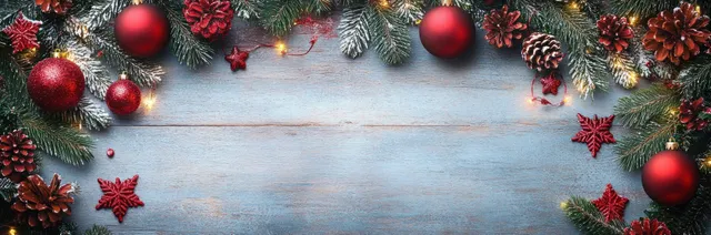 Pine branches with red ornaments form a Christmas border around a snowy wooden tabletop.