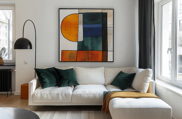 Scandinavian living room with white sofa, green velvet pillows, colorful geometric abstract art, and a black lamp.