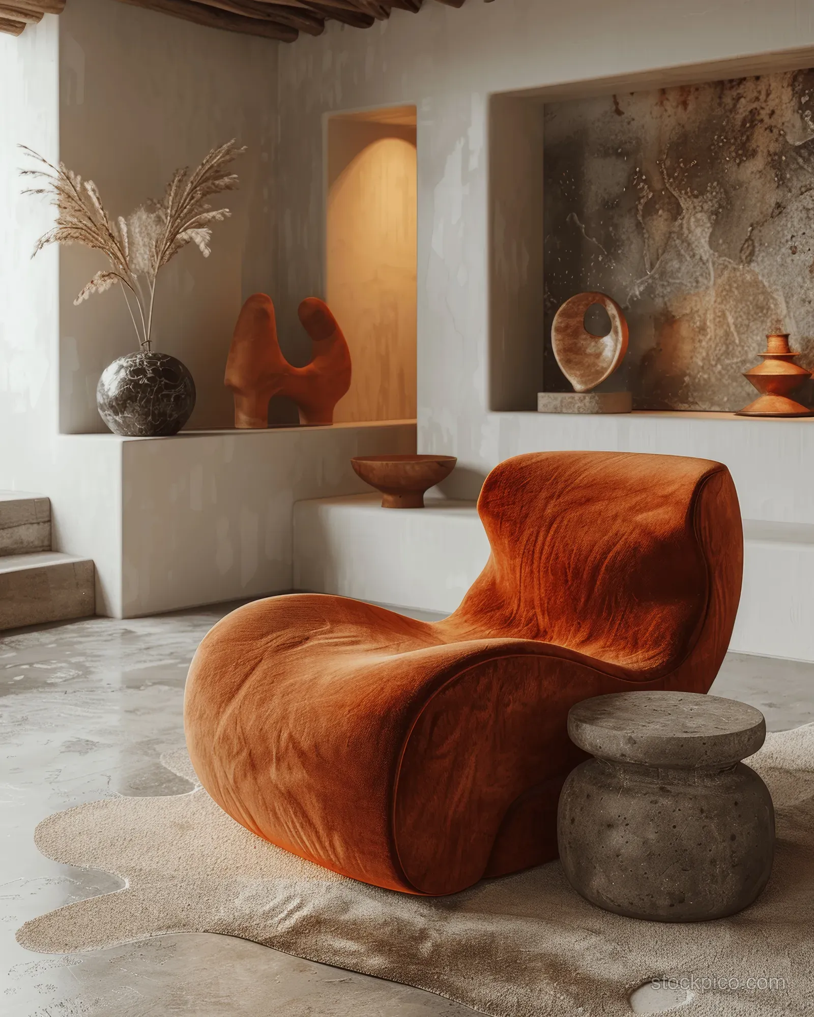 Orange velvet armchair sits beside a round stone ottoman in a minimalist living room.