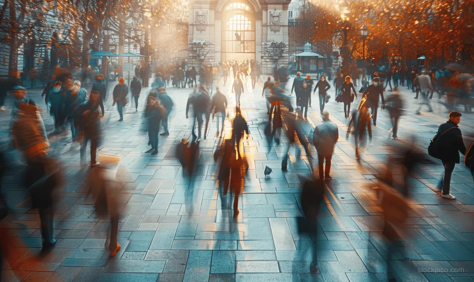 Blurred pedestrians cross a gray stone city square in warm sunrise light.
