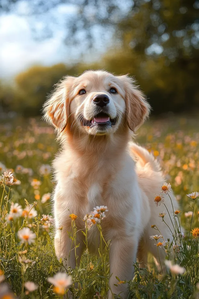 Golden retriever puppy stands in a sunny wildflower field with a soft-focus tree background.