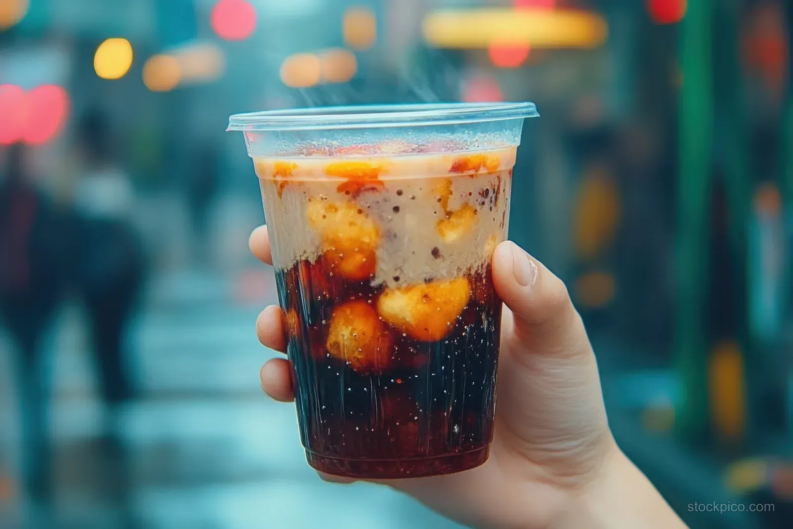 A hand holds a dark Indonesian drink with floating tofu and spices in a vibrant street food setting.
