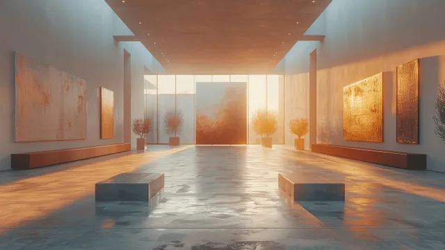 Minimalist art gallery hall with abstract paintings on white walls and golden sunlight across the polished floor.