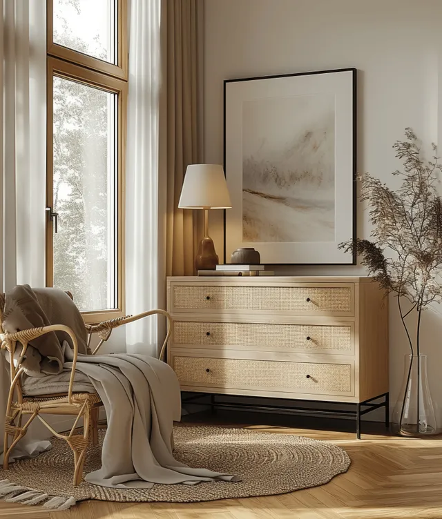 Wooden chest with rattan drawers and metal legs beside an armchair in a sunlit neutral living room with large windows.