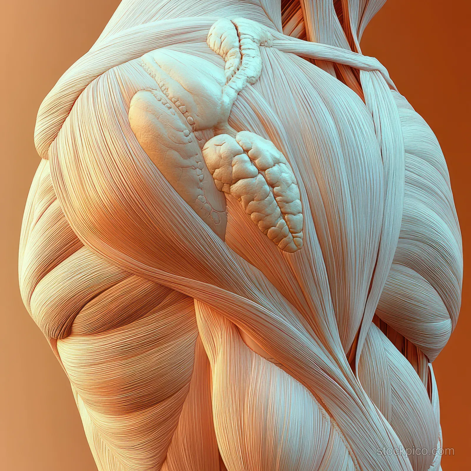 Renaissance anatomy illustration highlights deltoid and triceps muscles with visible tendons and soft colored shading.