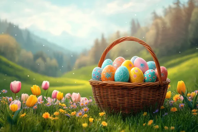 Wicker basket of colorful Easter eggs resting in a tulip meadow under bright sky