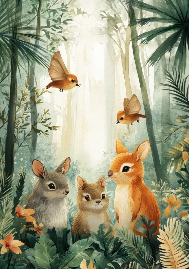 Whimsical watercolor Australian animals resting among palms and soft sunlit mist