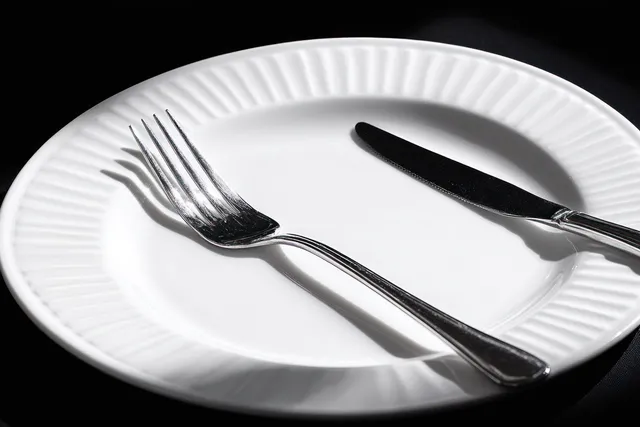 Empty white plate with stainless fork and knife resting, casting crisp shadows on black