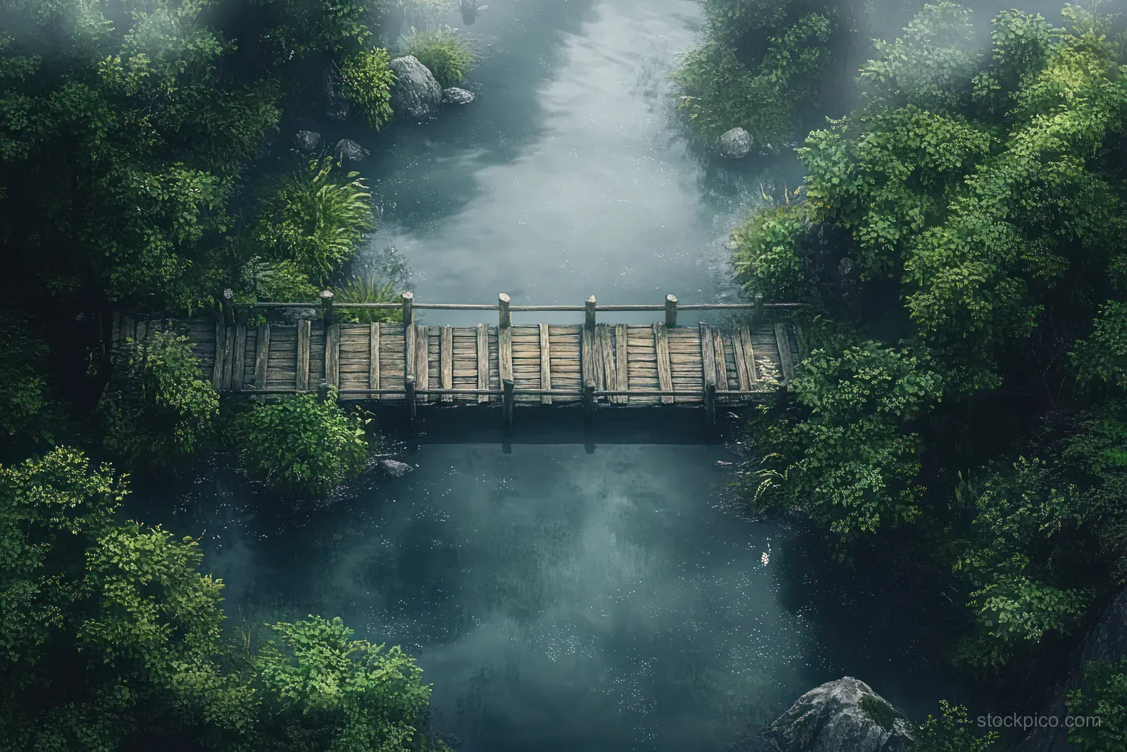 Aerial view shows a rustic wooden bridge over a misty river surrounded by dense green trees.