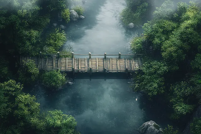 Aerial view shows a rustic wooden bridge over a misty river surrounded by dense green trees.