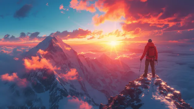 Two hikers high-five on a snowy mountain summit with a bright sunset and dramatic clouds in the background.