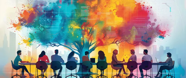 Silhouetted team meets at a conference table as colorful city-tech graphics and screens fill the background.