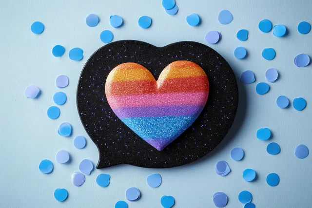 Rainbow heart centered in a black speech bubble with scattered blue confetti dots on a light background.