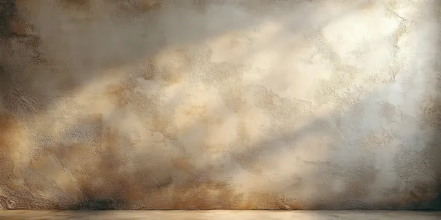 Close-up textured plaster wall with warm light, aged stains, and rough stucco pattern
